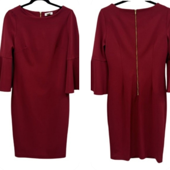 Calvin Klein Bell Sleeve Sheath Dress | Size 4 | Burgundy Red - Picture 3 of 10